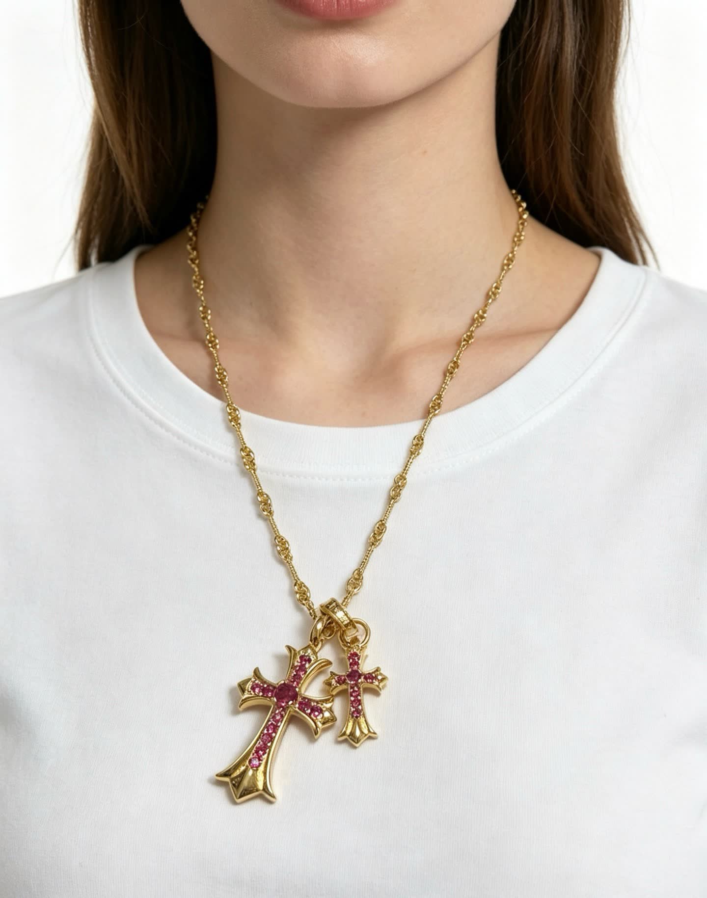 Chrome Hearts Gold Cross Pendant with Ruby Stones